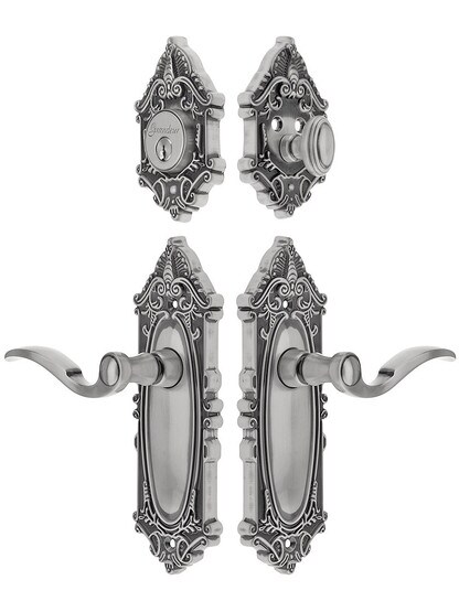 Grandeur Grande Victorian Entrance Door Set, Keyed Alike, Keyed Alike with Bellagio Levers in Antique Pewter.